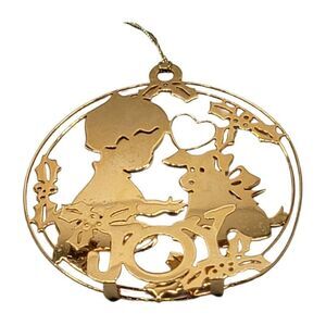 Vintage Brass 3d Christmas Ornament Girl With Puppy Dog JOY signed TC 2"